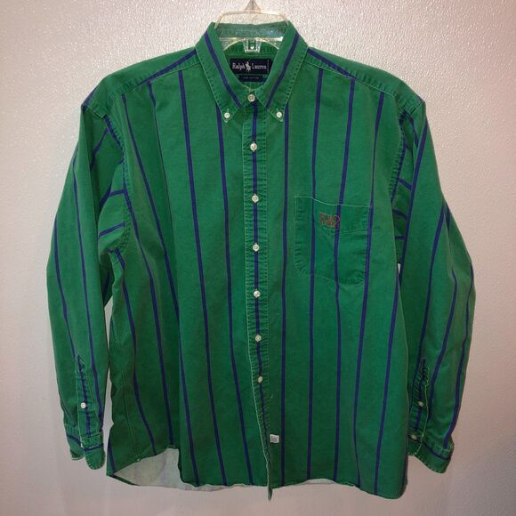 Vintage Ralph Lauren Polo Sport Mens XL Green Blue Striped Long Sleeve Shirt - Picture 3 of 12